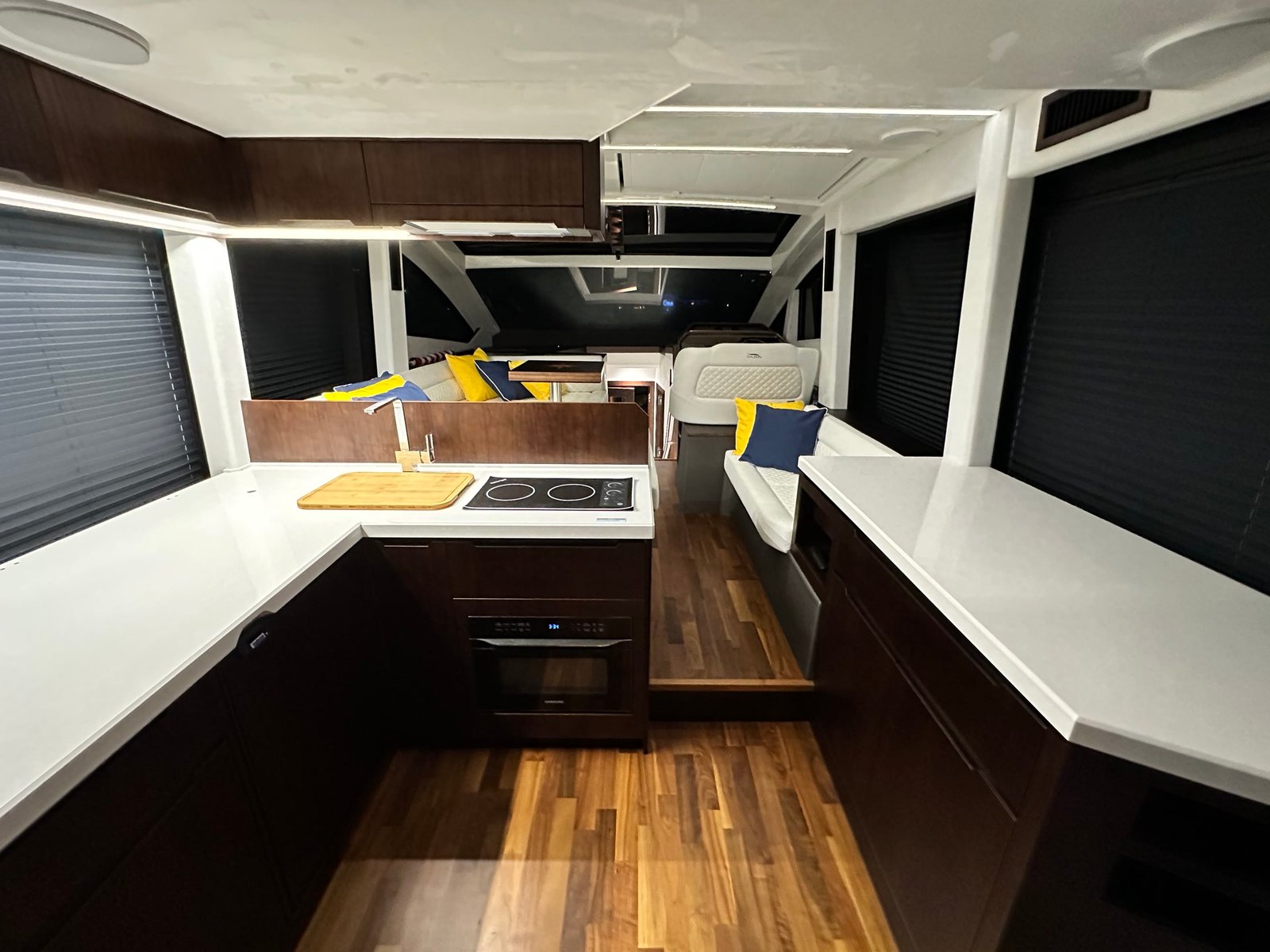 The galley kitchen with a cooktop and counter space